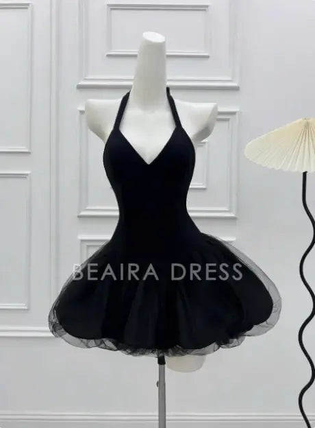 Beaira Elegant Beautiful Halterneck Black Mesh Splicing Puffy Birthday Dress Homecoming Dress hot sale for women