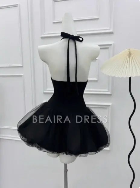 Beaira Elegant Beautiful Halterneck Black Mesh Splicing Puffy Birthday Dress Homecoming Dress hot sale for women