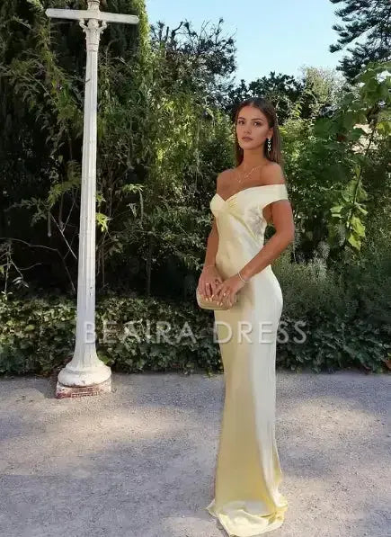 Beaira Elegant Classy Mermaid Off The Shoulder Yellow Satin Long Evening Dress Prom Dresses formal wear dresses