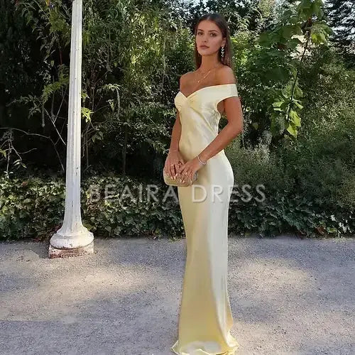 Beaira Elegant Classy Mermaid Off The Shoulder Yellow Satin Long Evening Dress Prom Dresses formal wear dresses