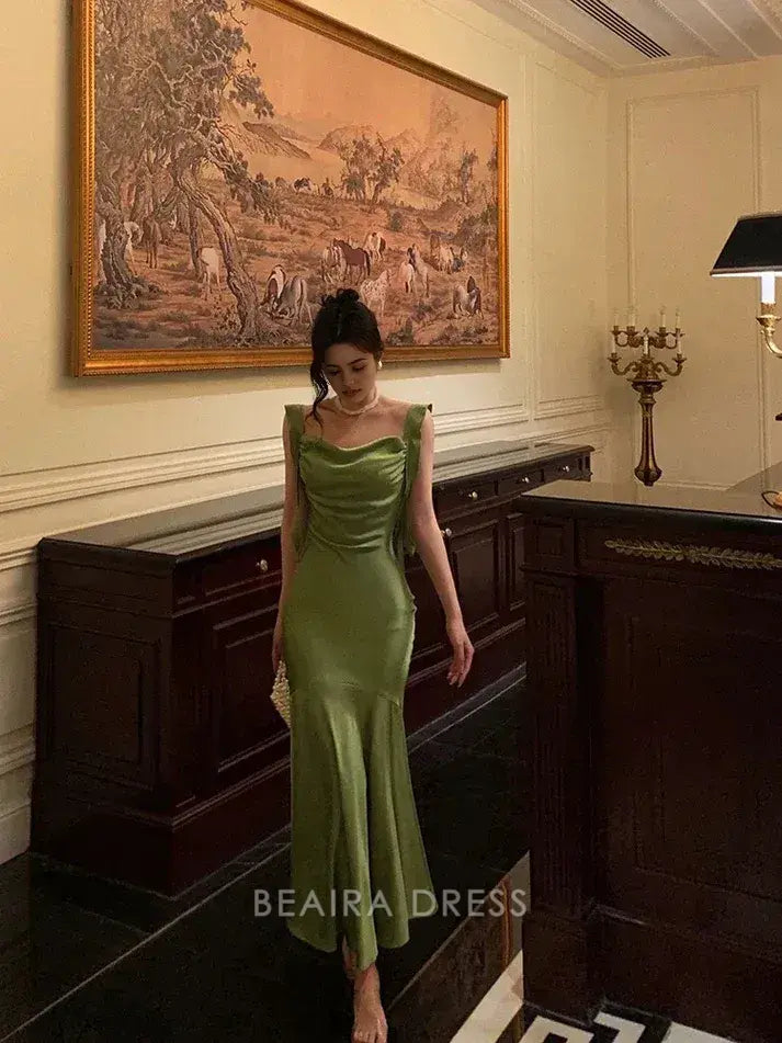 Beaira Elegant Classy Mermaid Straps Green Satin Prom Dresses Birthday Outfits formal wear dresses