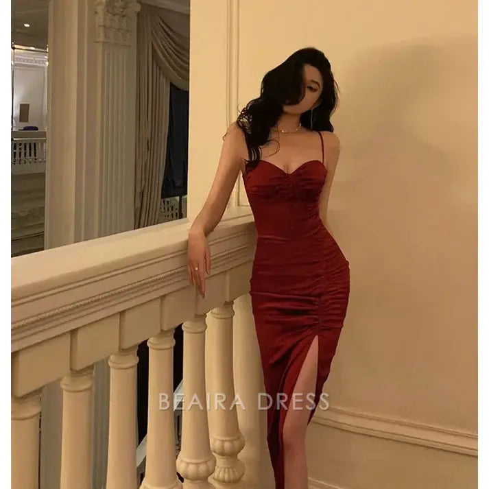 Beaira Elegant Classy Sheath Spaghetti Straps Burgundy Prom Dresses Birthday Outfits Evening Gown formal wear dresses