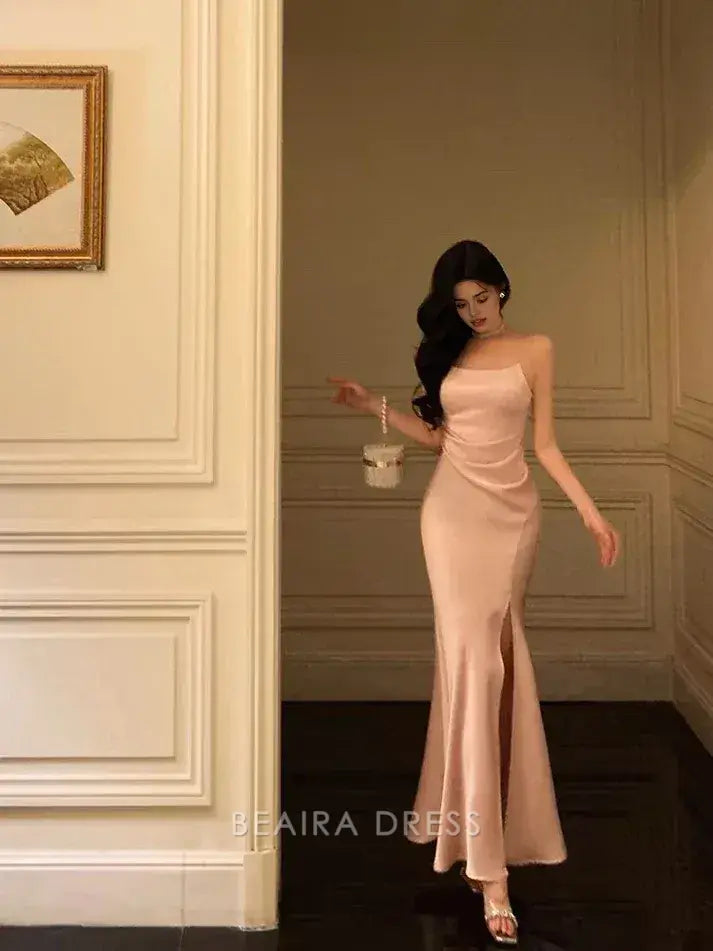Beaira Elegant Classy Sheath Spaghetti Straps Pink Satin Prom Dresses Birthday Outfits Evening Gown formal wear dresses