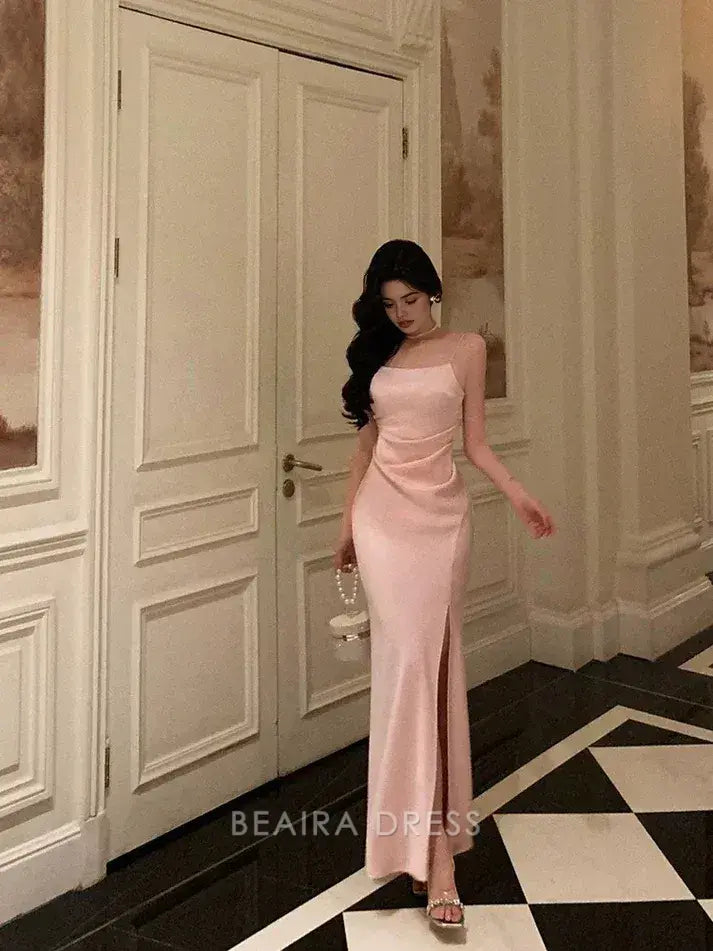 Beaira Elegant Classy Sheath Spaghetti Straps Pink Satin Prom Dresses Birthday Outfits Evening Gown formal wear dresses