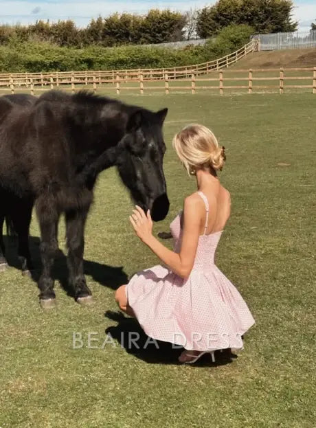 Beaira Elegant Cute Pink Deep V Polka Dot A-line Birthday Dress Homecoming Dress formal wear dresses