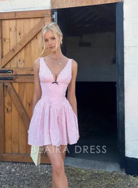 Beaira Elegant Cute Pink Deep V Polka Dot A-line Birthday Dress Homecoming Dress formal wear dresses