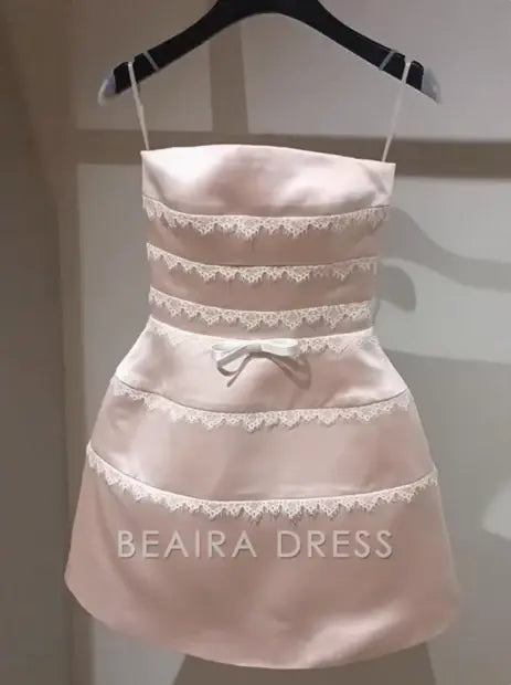 Beaira Elegant Cute Pink Suspender Satin Lace 17th Birthday Homecoming Dress formal wear dresses
