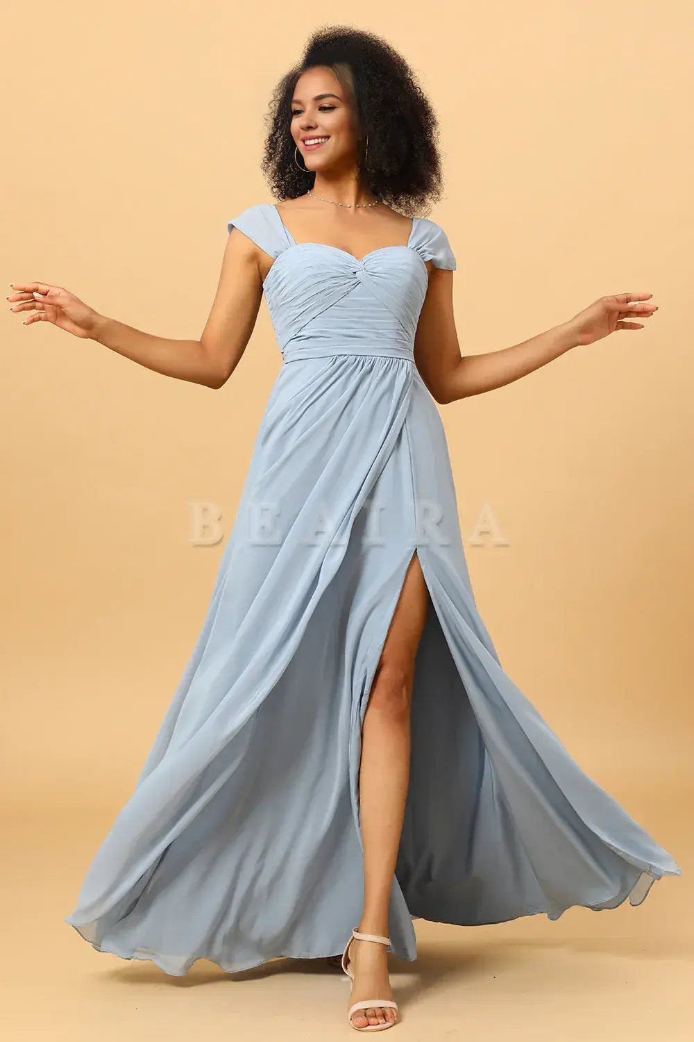 Beaira Elegant Dusty Blue A Line Off the Shoulder Chiffon Bridesmaid Dress with Slit New Arrivals