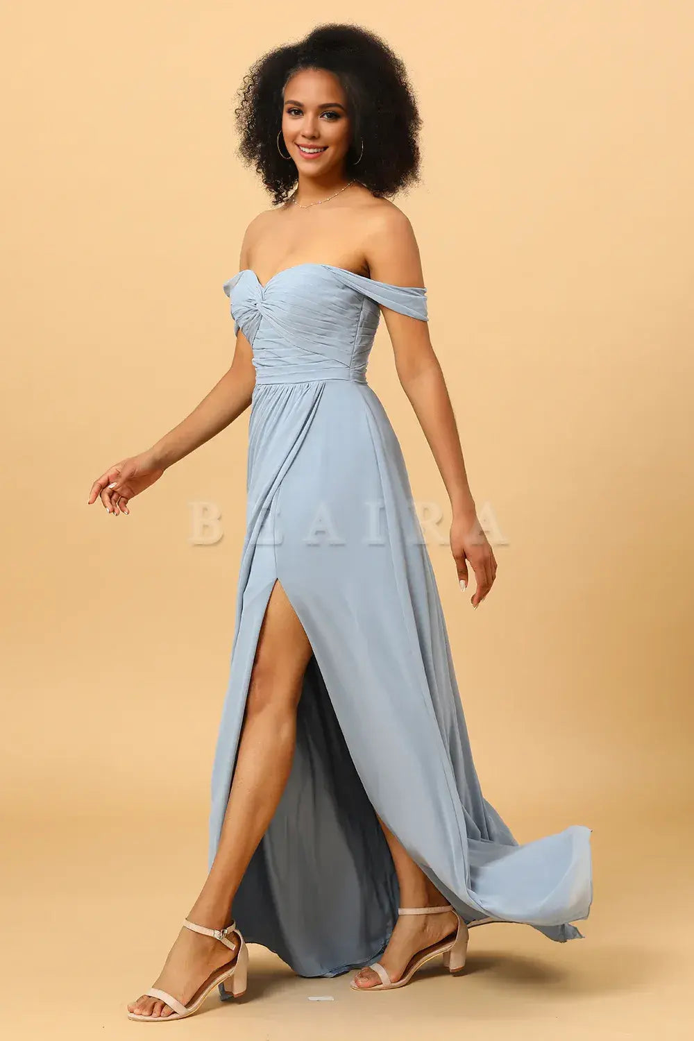 Beaira Elegant Dusty Blue A Line Off the Shoulder Chiffon Bridesmaid Dress with Slit New Arrivals