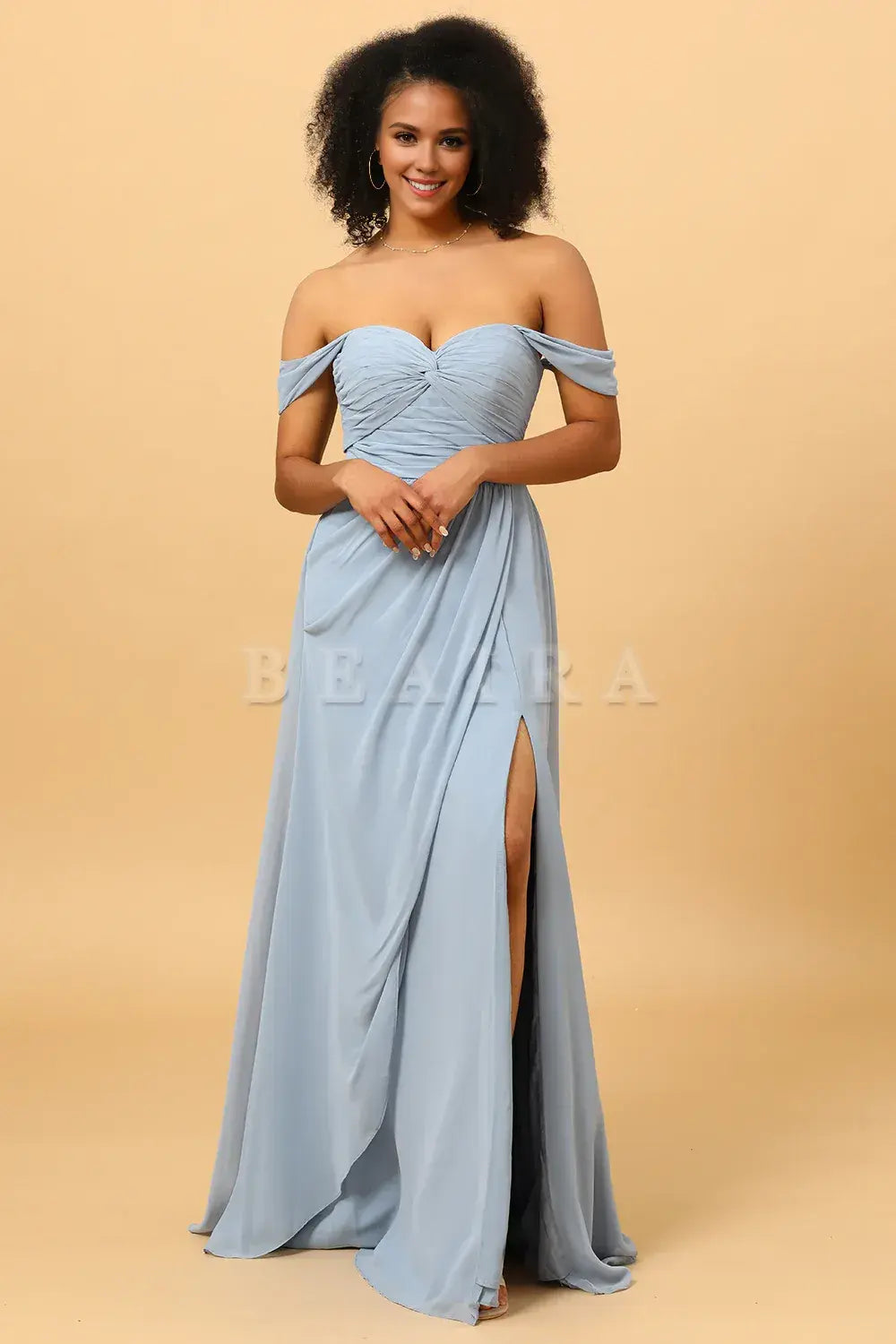 Beaira Elegant Dusty Blue A Line Off the Shoulder Chiffon Bridesmaid Dress with Slit New Arrivals