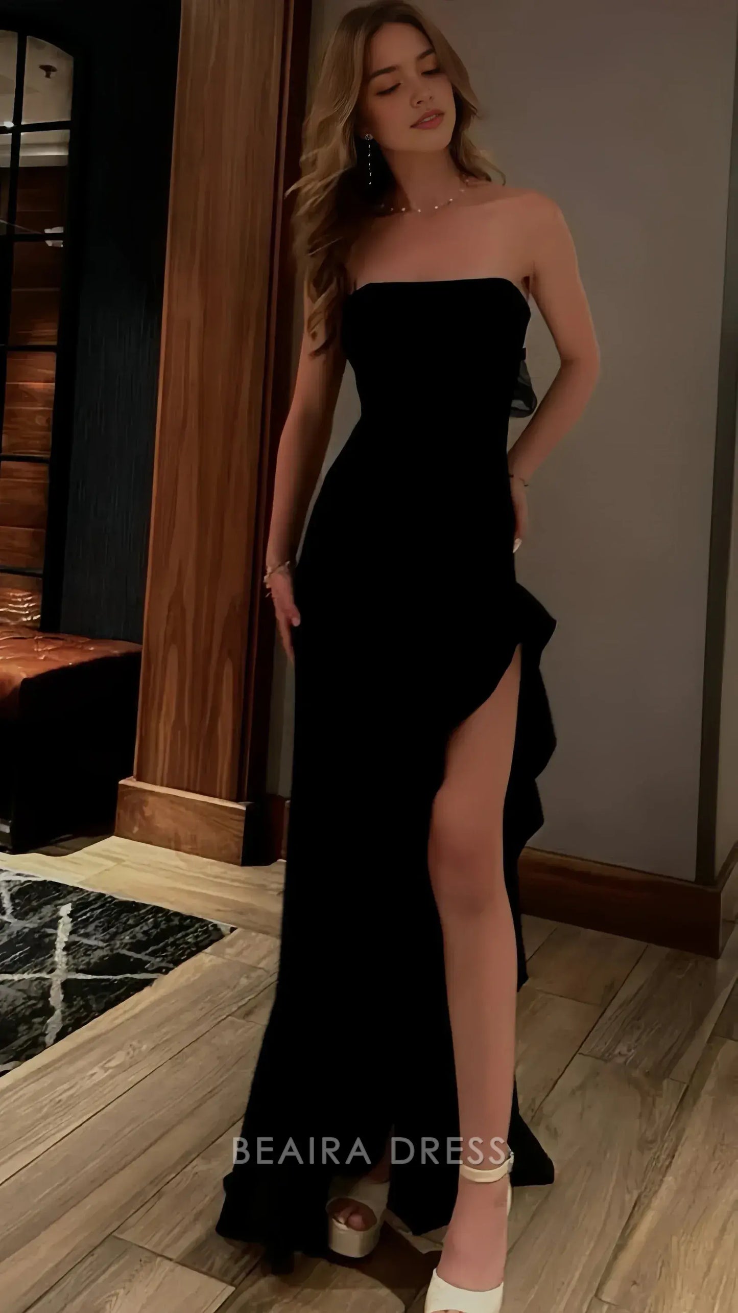 Beaira Elegant Elegant Black Strapless Prom Dress Long Evening Dress With Side Slit formal wear dresses