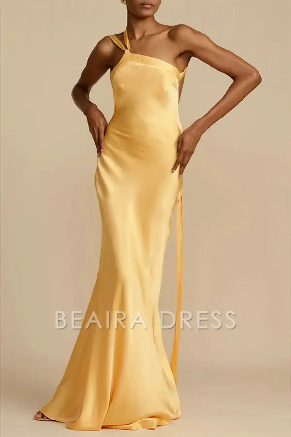 Beaira Elegant Formal Solid Backless Oblique Collar Evening Dress Dresses formal wear dresses - Yellow