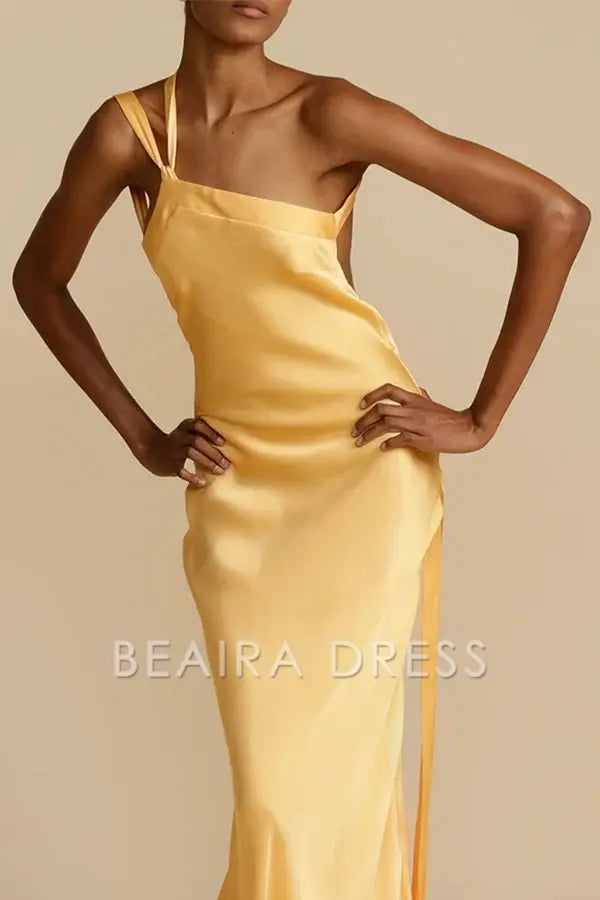 Beaira Elegant Formal Solid Backless Oblique Collar Evening Dress Dresses formal wear dresses - Yellow
