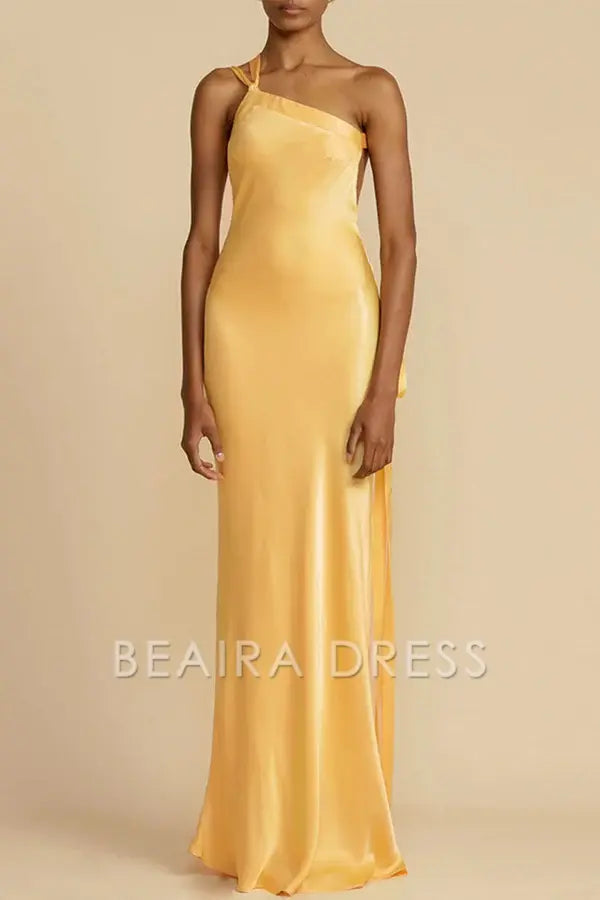 Beaira Elegant Formal Solid Backless Oblique Collar Evening Dress Dresses formal wear dresses - Yellow