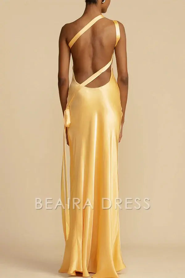 Beaira Elegant Formal Solid Backless Oblique Collar Evening Dress Dresses formal wear dresses - Yellow