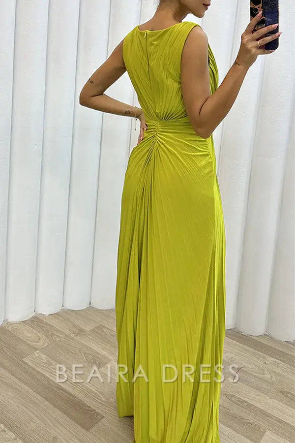 Beaira Elegant Formal Solid Slit Fold O Neck Evening Dress Dresses formal wear dresses