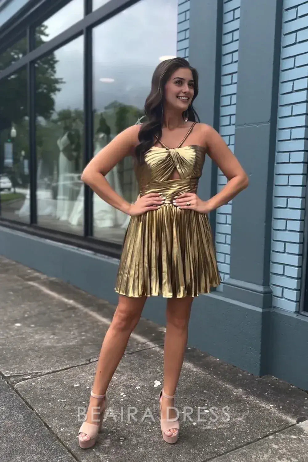 Beaira Elegant Gold A-Line Ruched Homecoming Dress Mini Party Dresses formal wear dresses