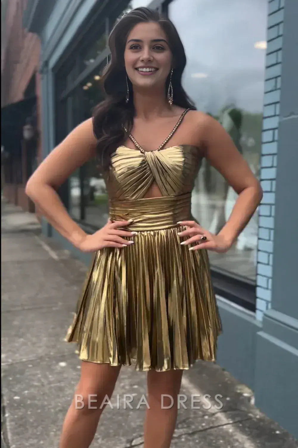 Beaira Elegant Gold A-Line Ruched Homecoming Dress Mini Party Dresses formal wear dresses