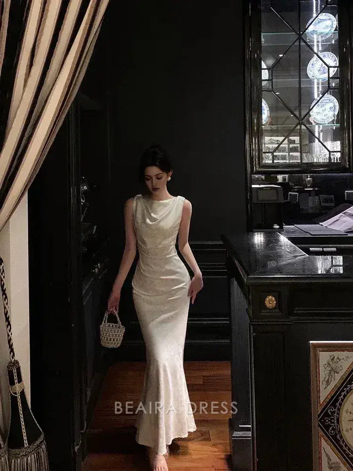 Beaira Elegant Gorgeous Mermaid Jewel Neckline White Satin Floral Date Night Dress Long Prom Dresses Birthday Outfits formal wear dresses