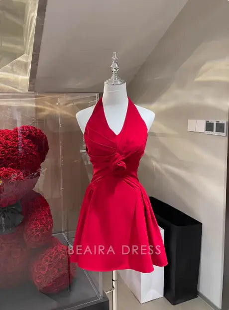 Beaira Elegant Halter Neck Red Satin A-Line Birthday Short Skirt Homecoming Dress hot sale for women