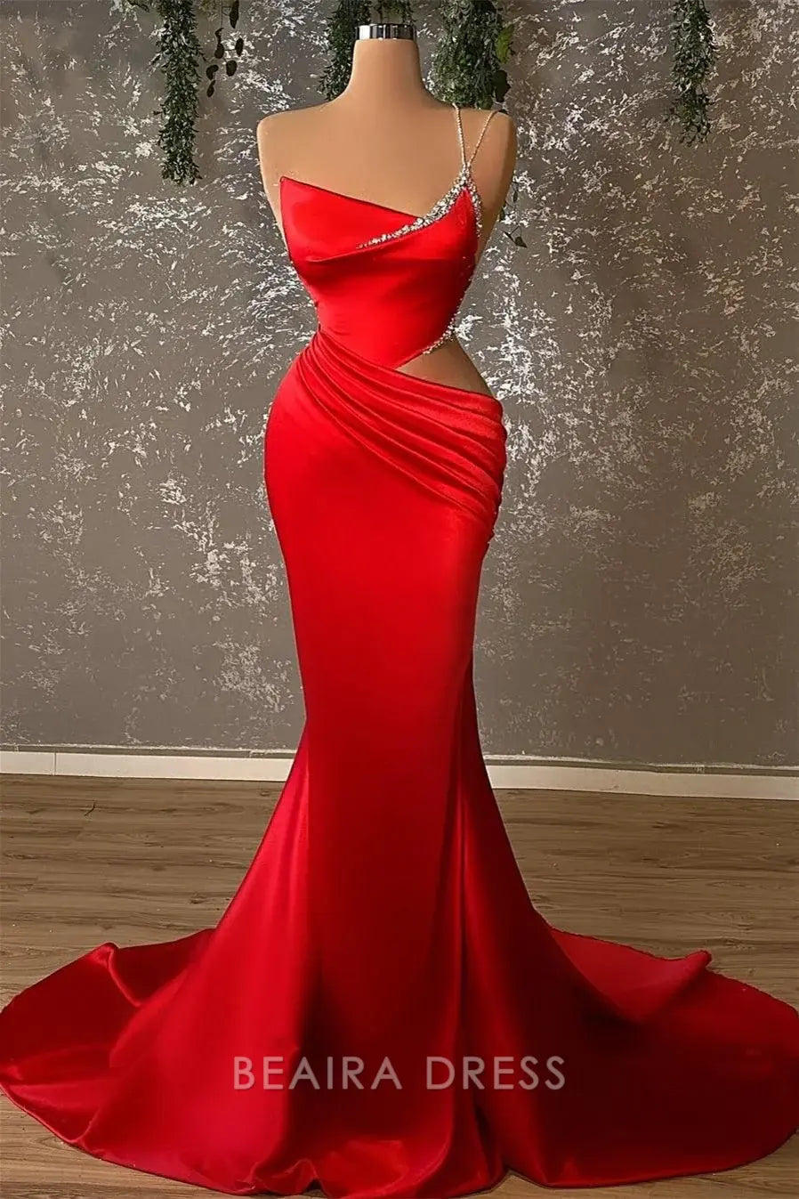 Beaira Elegant Luxury Red Beaded Mermaid Prom Dresses Dress Bare waist formal Red hot sale for women