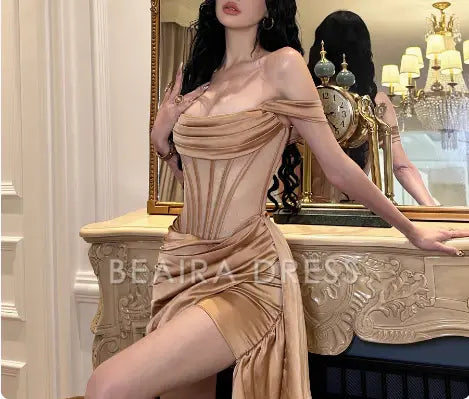 Beaira Elegant Off-The-Shoulder Herringbone Satin Hip-Stretching 19th Birthday Homecoming Dress formal wear dresses