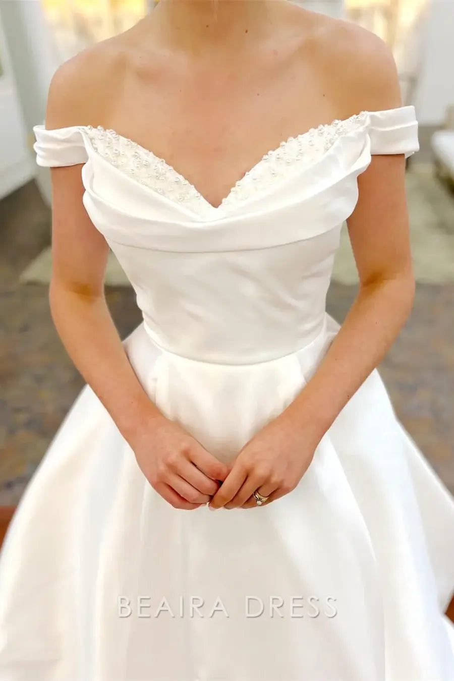 Beaira Elegant Off - the - Shoulder Ball Gown Wedding Dress with Embroidered Sweetheart Neckline and Full Satin Skirt for Timeless Bridal Grace
