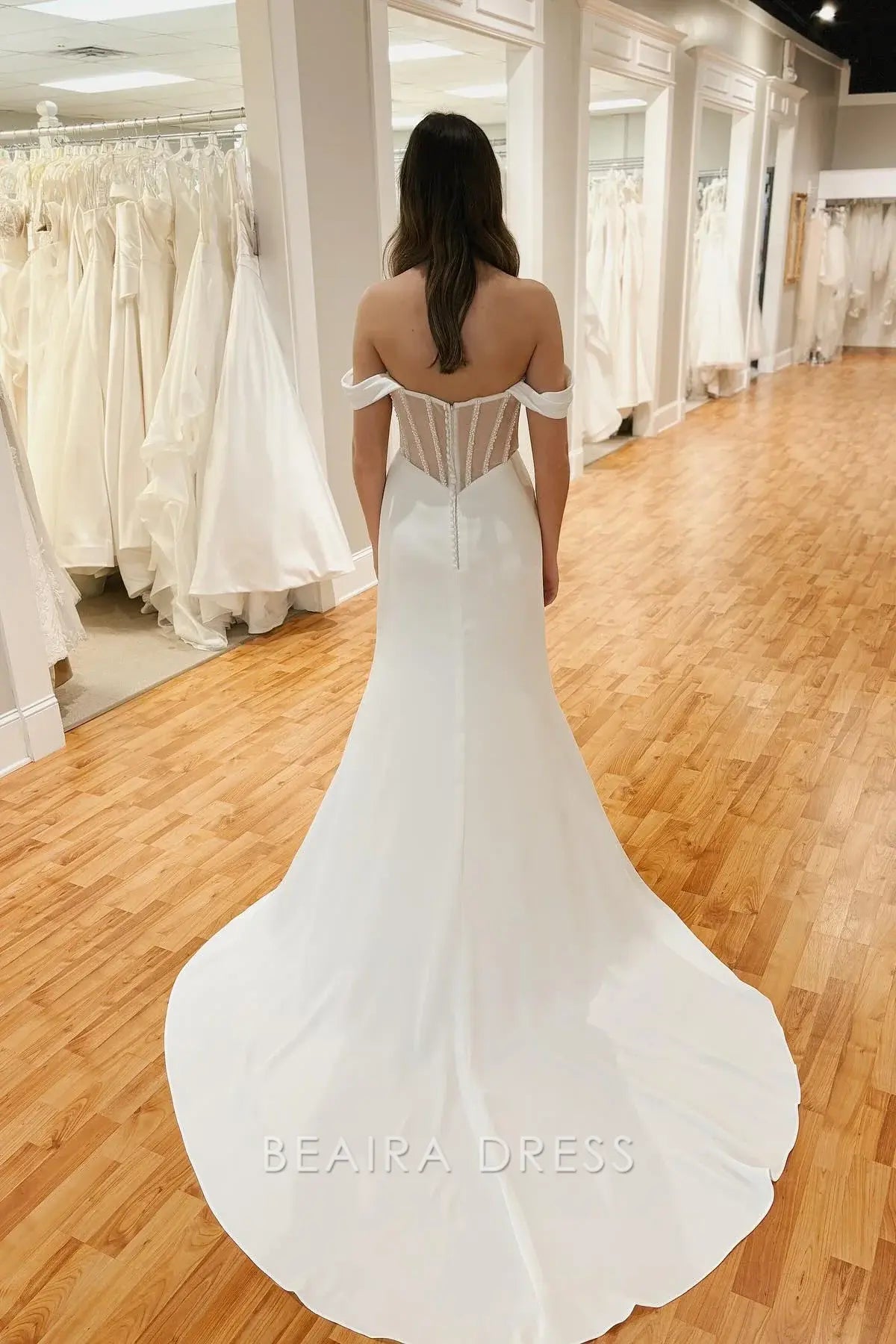 Beaira Elegant Off - the - Shoulder Mermaid Wedding Dress with Corset Bodice Sheer Side Details and High Slit for Modern Bridal Allure