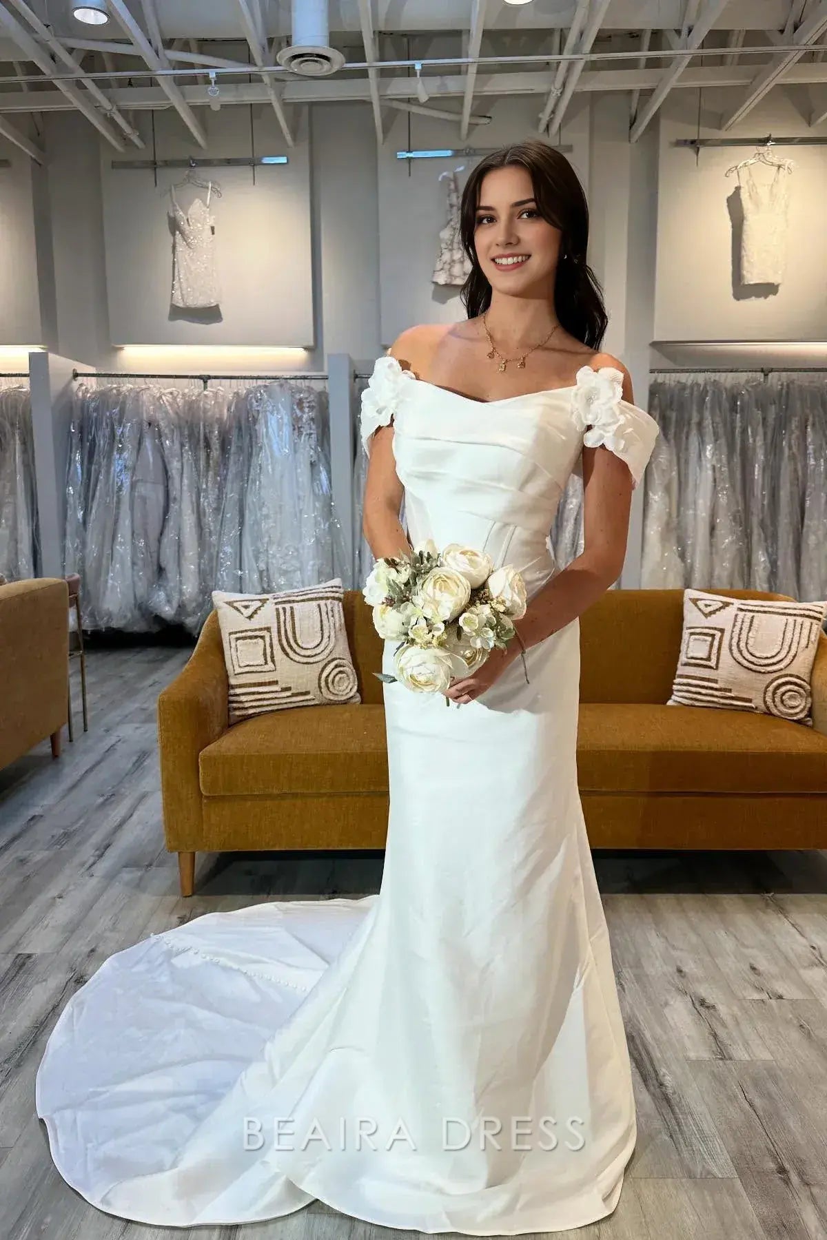 Beaira Elegant Off - the - Shoulder Mermaid Wedding Dress with Floral Sleeve Details and Flowing Train for Romantic Bridal Style