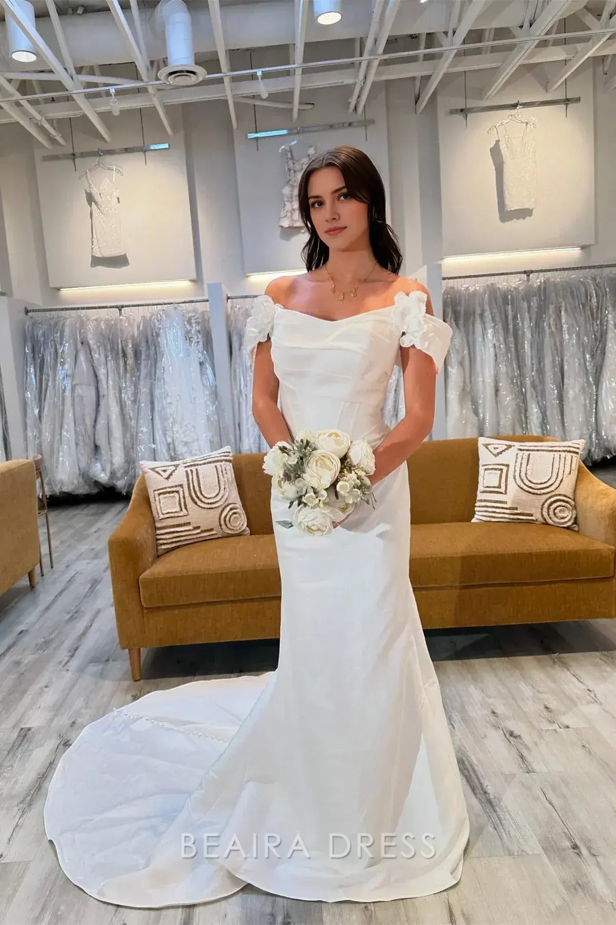Beaira Elegant Off - the - Shoulder Mermaid Wedding Dress with Floral Sleeve Details and Flowing Train for Romantic Bridal Style