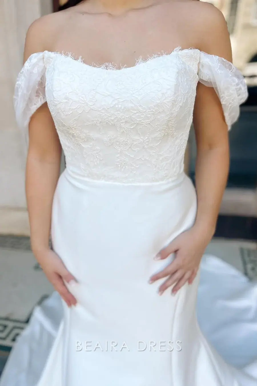 Beaira Elegant Off - the - Shoulder Mermaid Wedding Dress with Lace Bodice and Satin Skirt Featuring a Delicate Train for Romantic Bridal Elegance