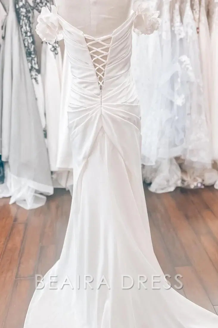 Beaira Elegant Off - the - Shoulder Wedding Dress with Floral Cap Sleeves Draped Bodice and Train for Romantic Bridal Charm