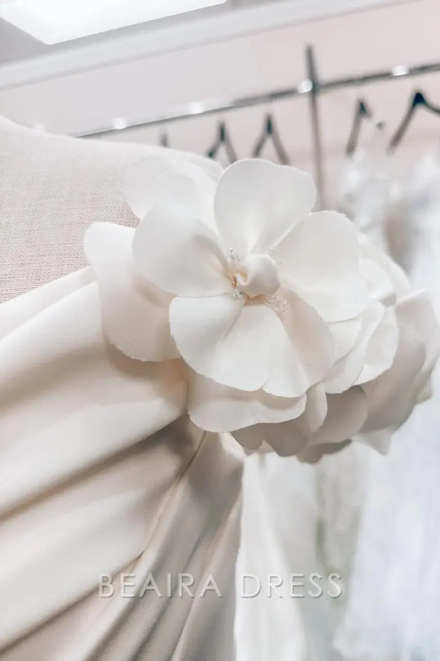 Beaira Elegant Off - the - Shoulder Wedding Dress with Floral Cap Sleeves Draped Bodice and Train for Romantic Bridal Charm