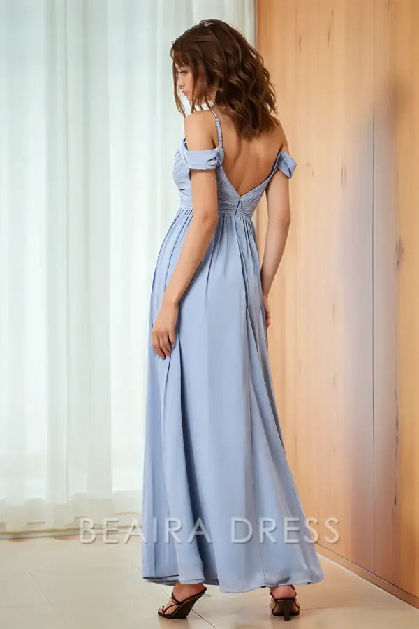 Beaira Elegant Off Shoulder Sleeveless Spaghetti Straps Ruched Prom Dress Open Back Ankle Length Chiffon evening gown