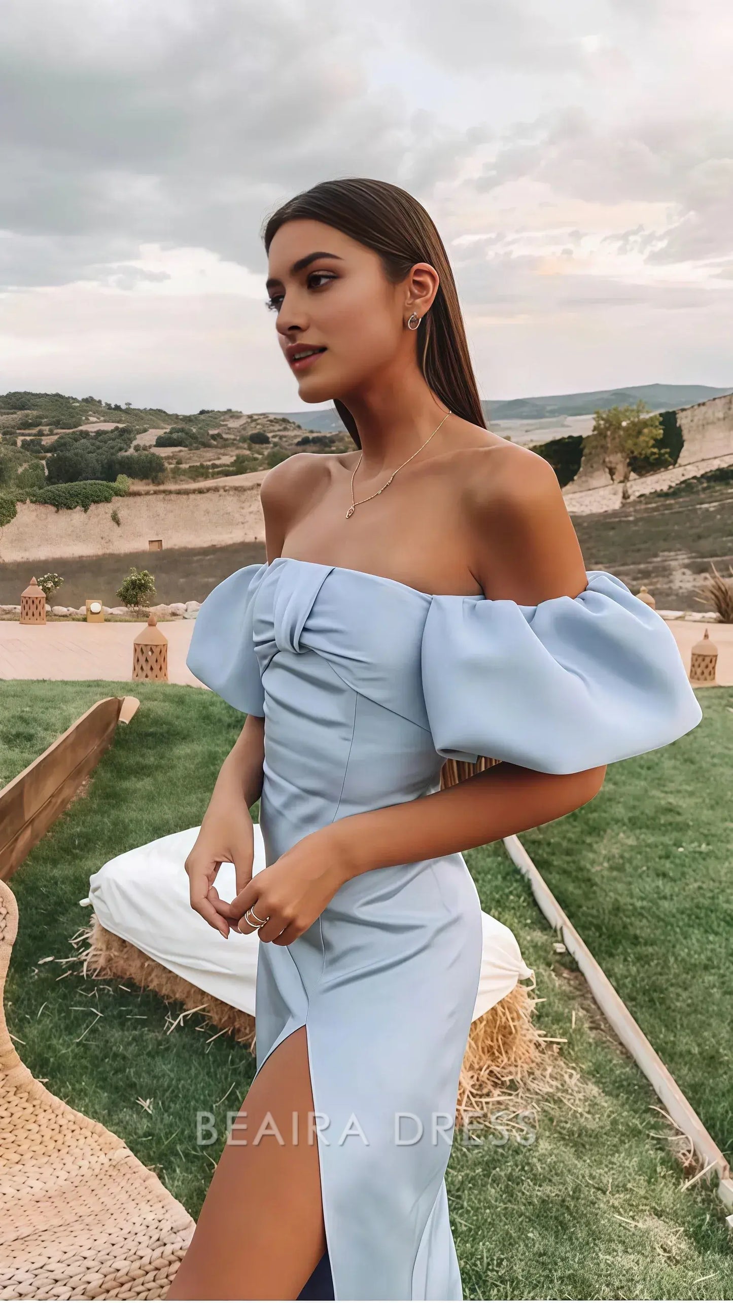 Beaira Elegant Off The Shoulder Prom Dress Light Blue Split Party Dress formal wear dresses
