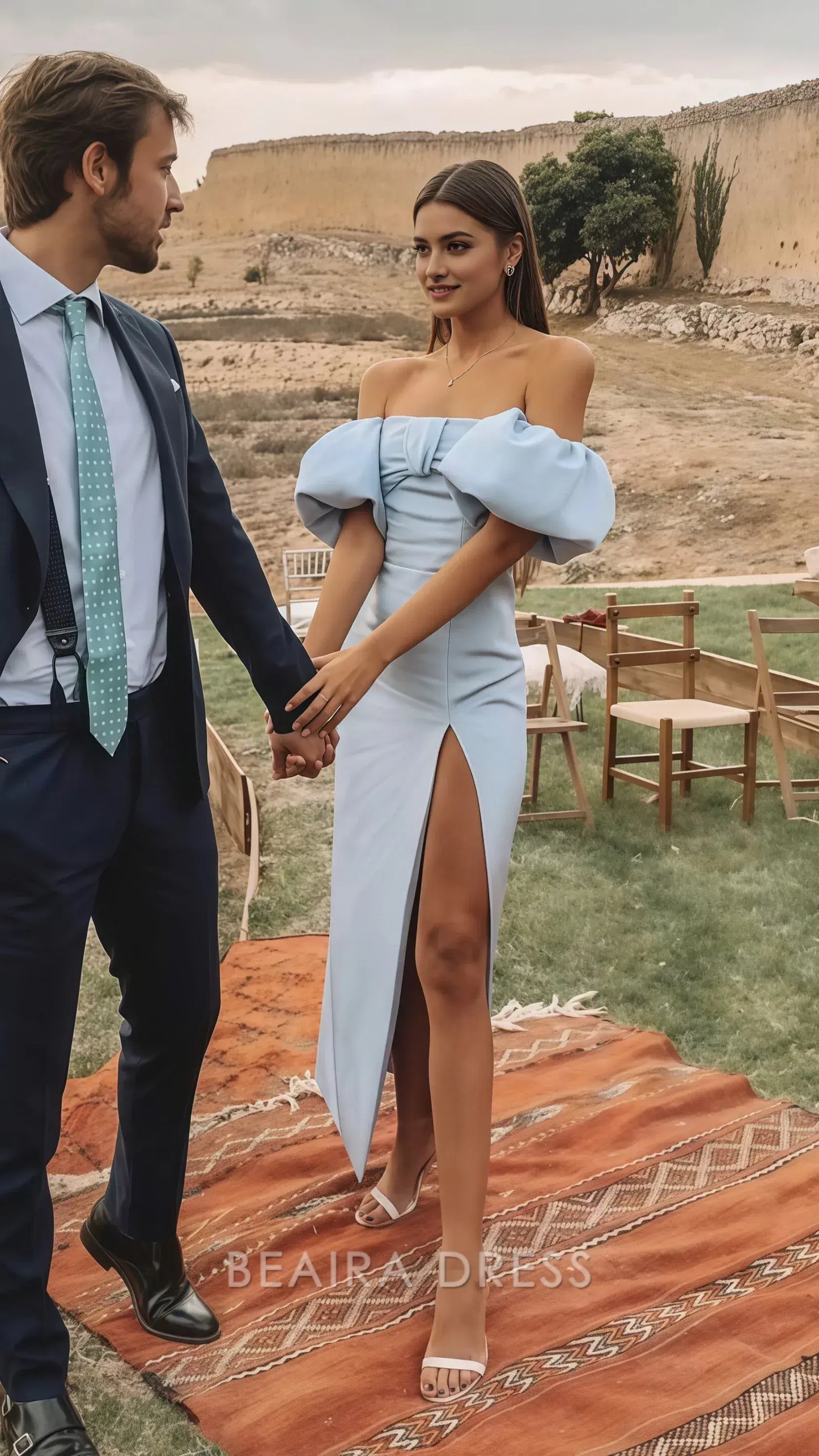 Beaira Elegant Off The Shoulder Prom Dress Light Blue Split Party Dress formal wear dresses
