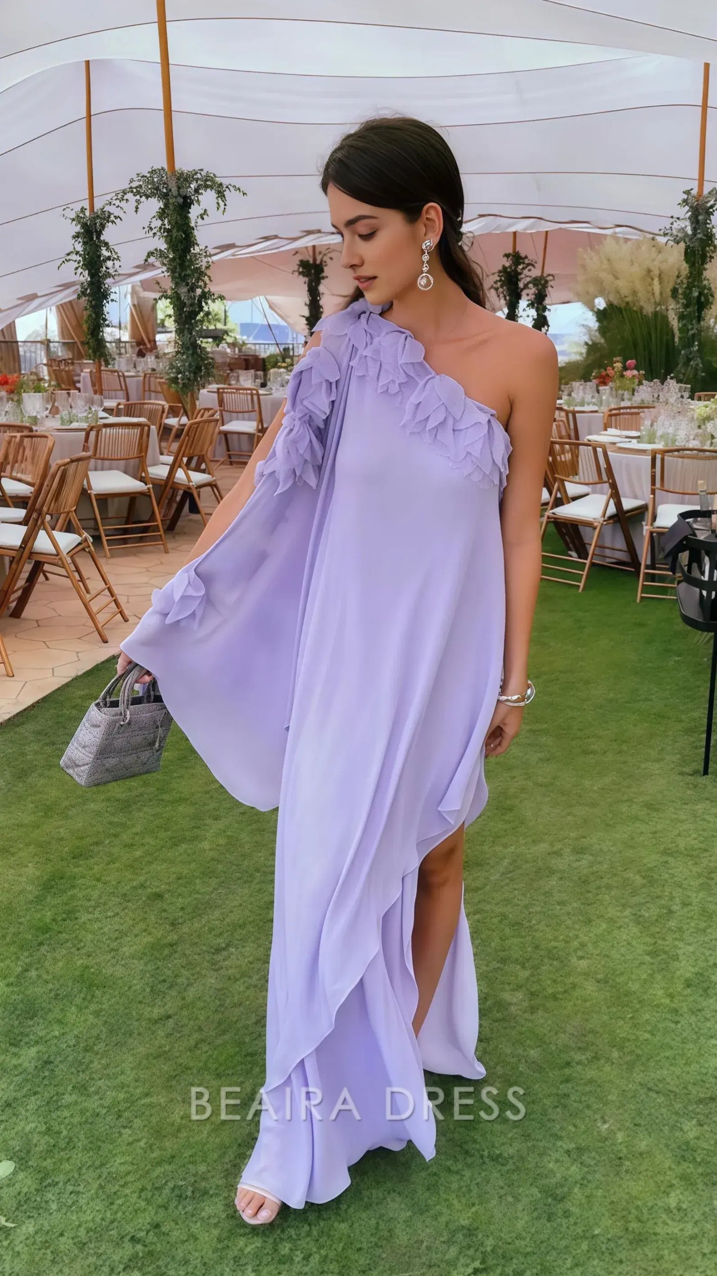 Beaira Elegant One Sleeve Lilac Chiffon Long Evening Prom Dress formal wear dresses