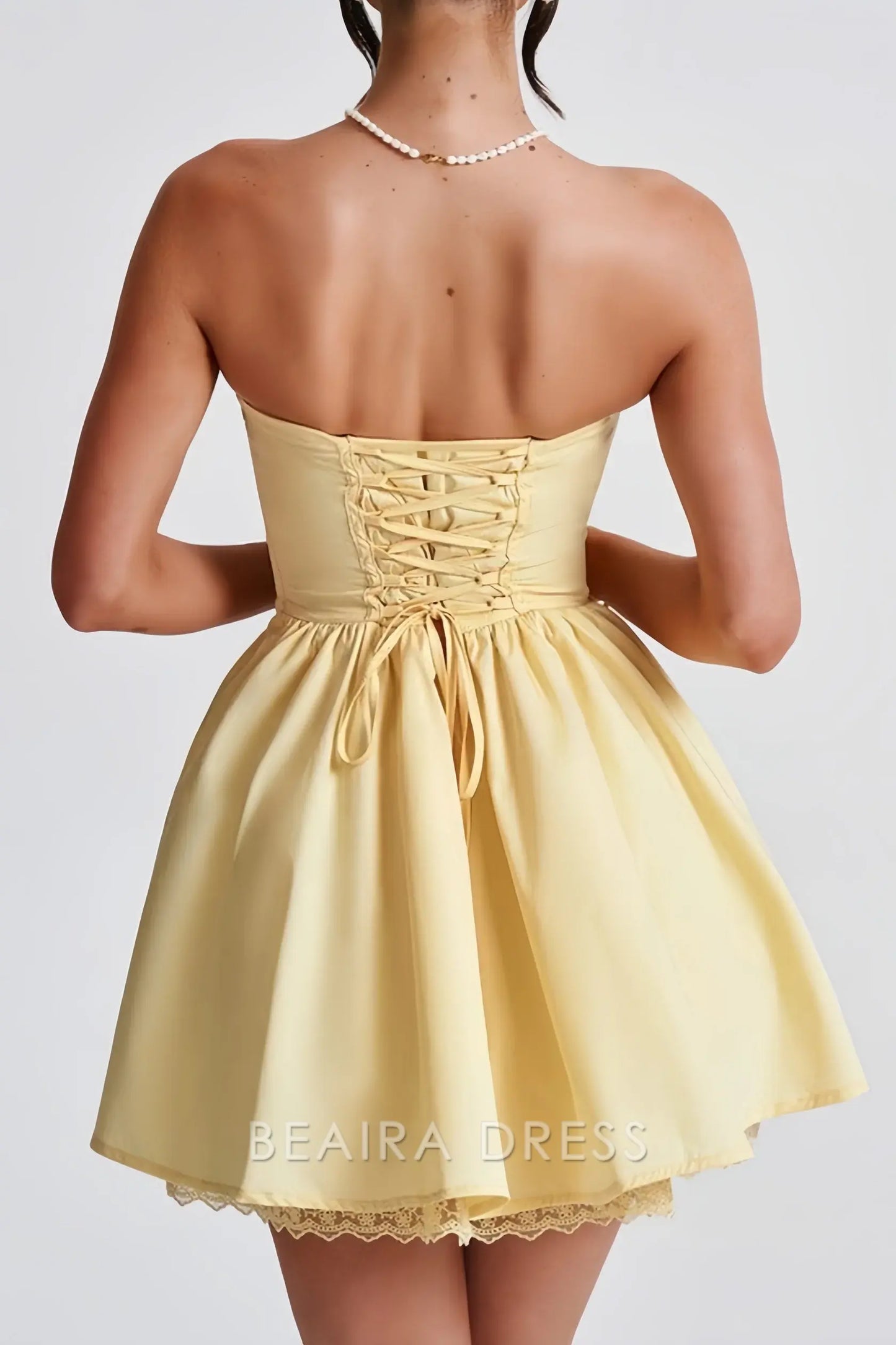 Beaira Elegant Pastel Yellow Strapless Homecoming Dresses Satin Lace Party Gown formal wear dresses