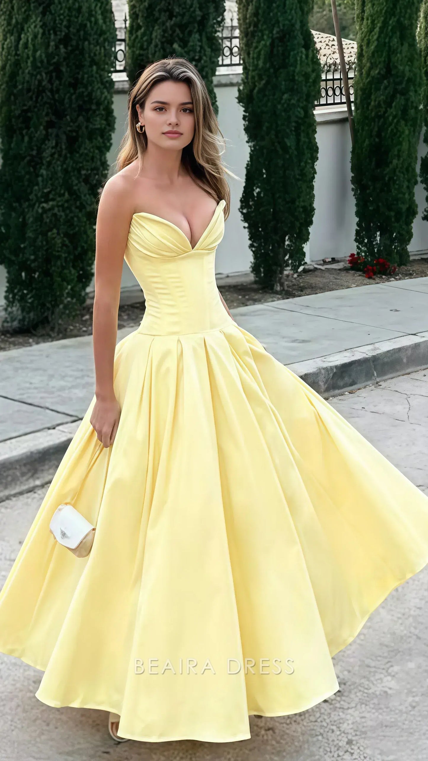 Beaira Elegant Pastel Yellow Sweetheart Prom Dress Sleeveless A-Line Ball Gown formal wear dresses