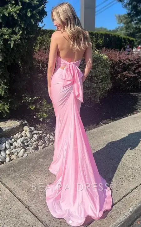 Beaira Elegant Pink Halter Plung V-neck Mermaid Long Senior Prom Dress formal wear dresses