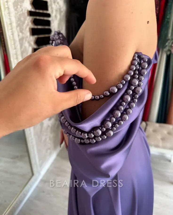 Beaira Elegant Purple Beaded Evening Dresses Long Satin Long Prom Dress formal wear dresses