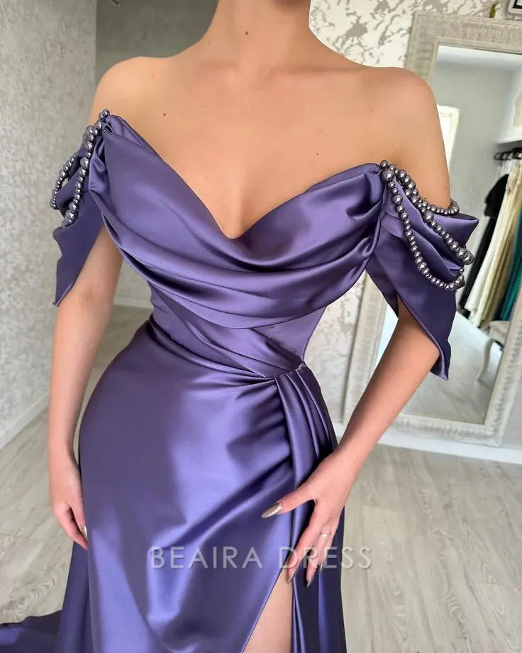 Beaira Elegant Purple Beaded Evening Dresses Long Satin Long Prom Dress formal wear dresses
