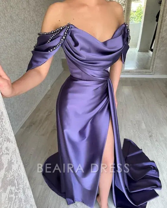 Beaira Elegant Purple Beaded Evening Dresses Long Satin Long Prom Dress formal wear dresses
