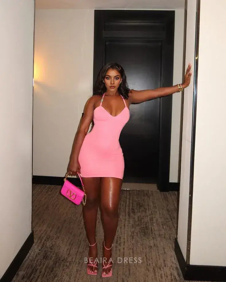 Beaira Elegant Sexy Pink Halter Neck Slim Fit Hip 21st Birthday Homecoming Dress formal wear dresses