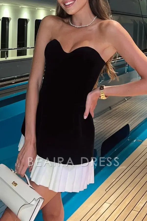 Beaira Elegant Sexy Solid Color Patchwork Ruched Strapless Evening Dresses formal wear dresses - Black