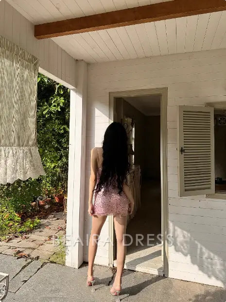 Beaira Elegant Shiny Pink Sequined Suspender Tube Top Hip 17th Birthday Homecoming Dress formal wear dresses