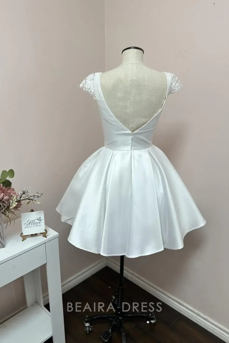 Beaira Elegant Short Ball Gown Wedding Dress with Plunging V - Neck Lace Cap Sleeves and Satin Skirt for Modern Bridal Charm