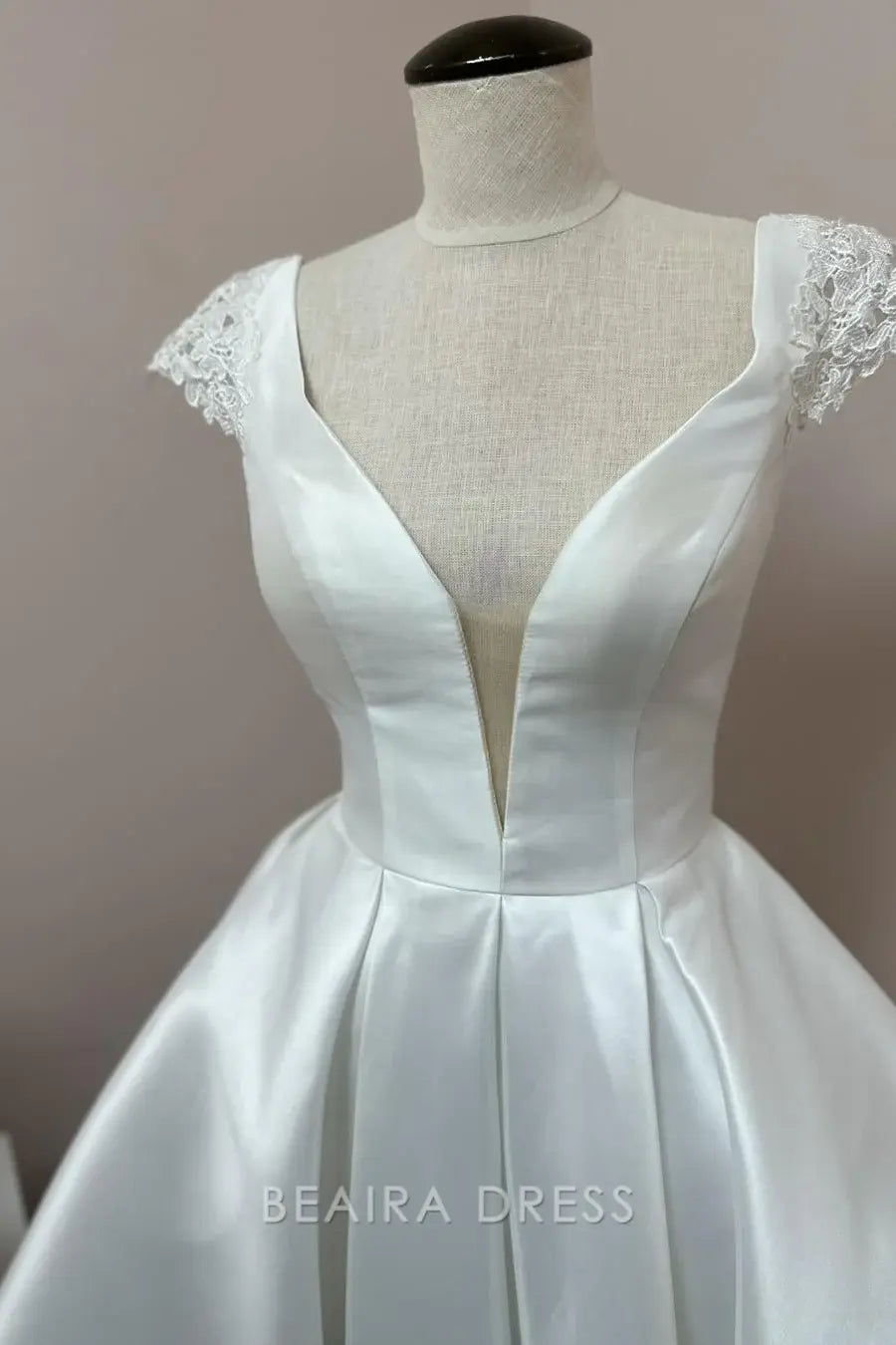 Beaira Elegant Short Ball Gown Wedding Dress with Plunging V - Neck Lace Cap Sleeves and Satin Skirt for Modern Bridal Charm