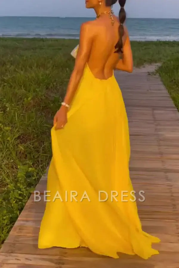 Beaira Elegant Solid Backless Halter Evening Dress Dresses formal wear dresses - Yellow