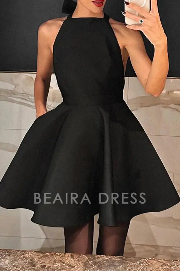 Beaira Elegant Solid Backless With Bow Halter Evening Dress Dresses formal wear dresses - Black